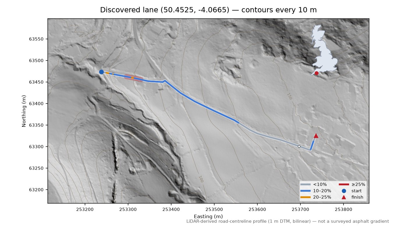Discovered lane (50.4525, -4.0665) LiDAR hillshade map with contours