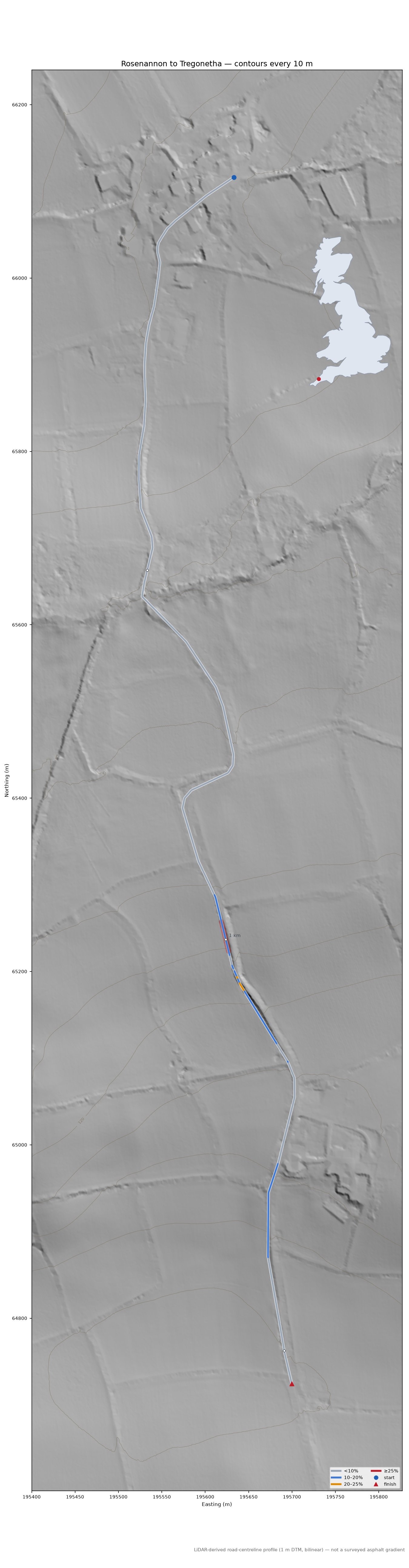 Rosenannon to Tregonetha LiDAR hillshade map with contours