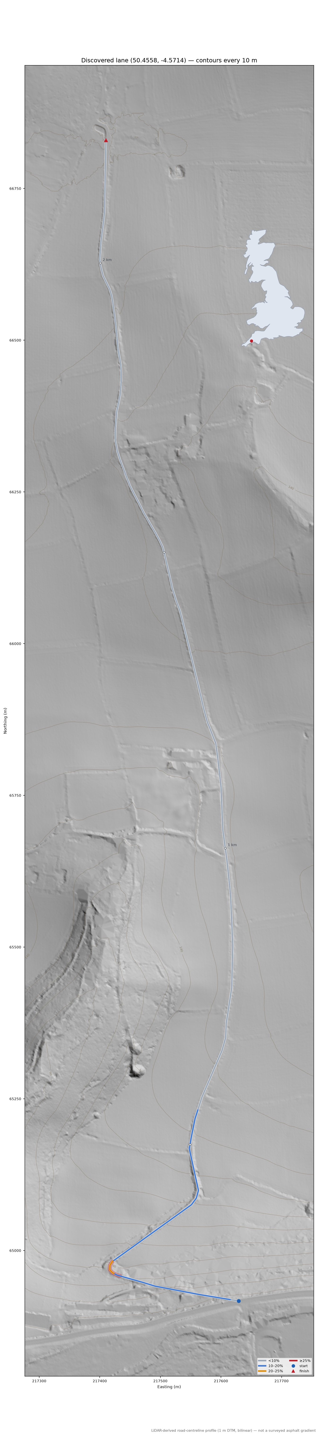 Discovered lane (50.4558, -4.5714) LiDAR hillshade map with contours