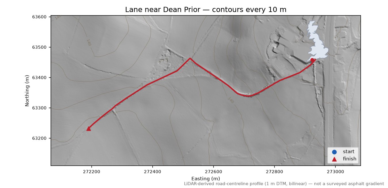 Lane near Dean Prior LiDAR hillshade map with contours