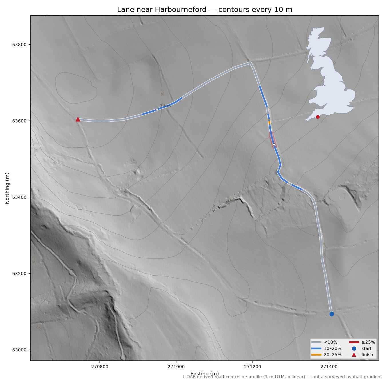 Lane near Harbourneford LiDAR hillshade map with contours