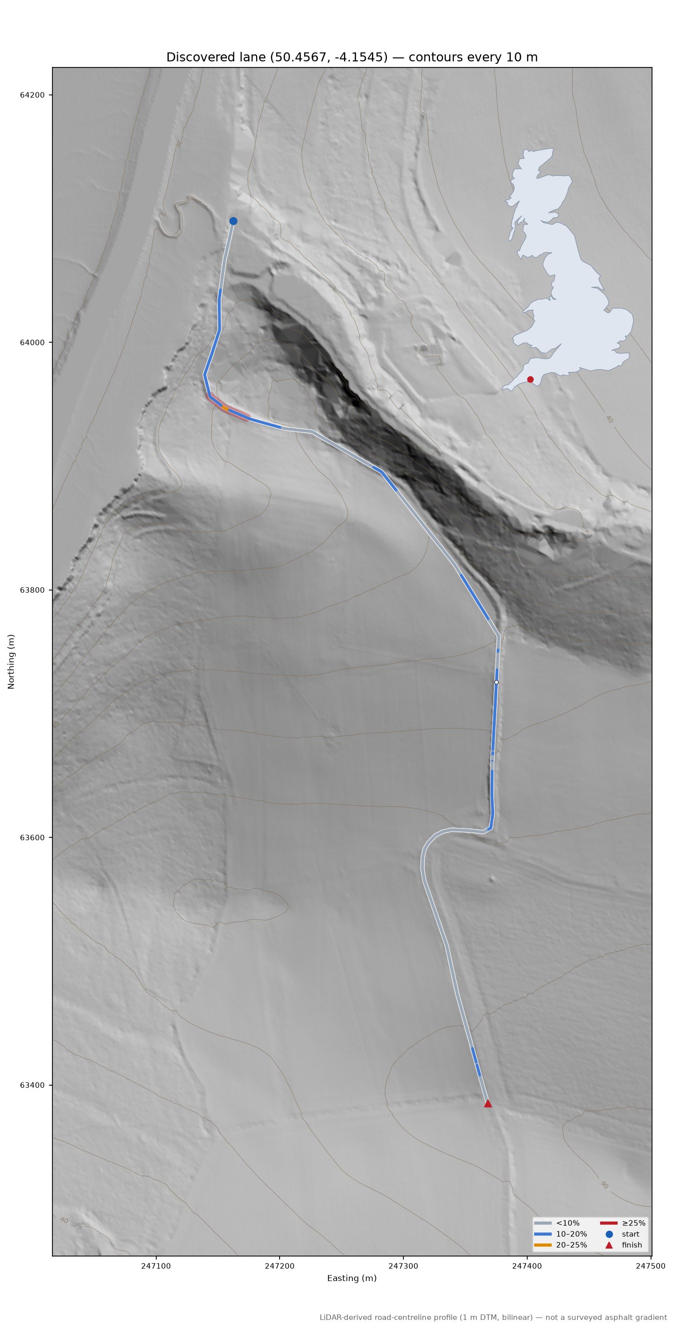 Discovered lane (50.4567, -4.1545) LiDAR hillshade map with contours