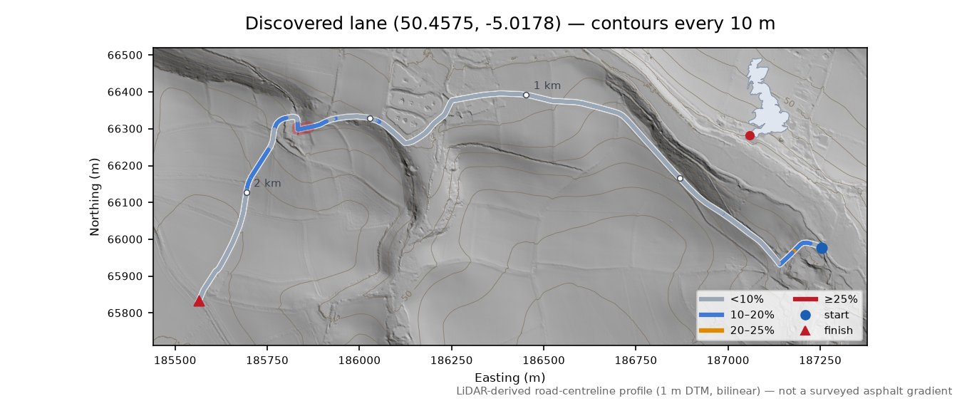Discovered lane (50.4575, -5.0178) LiDAR hillshade map with contours