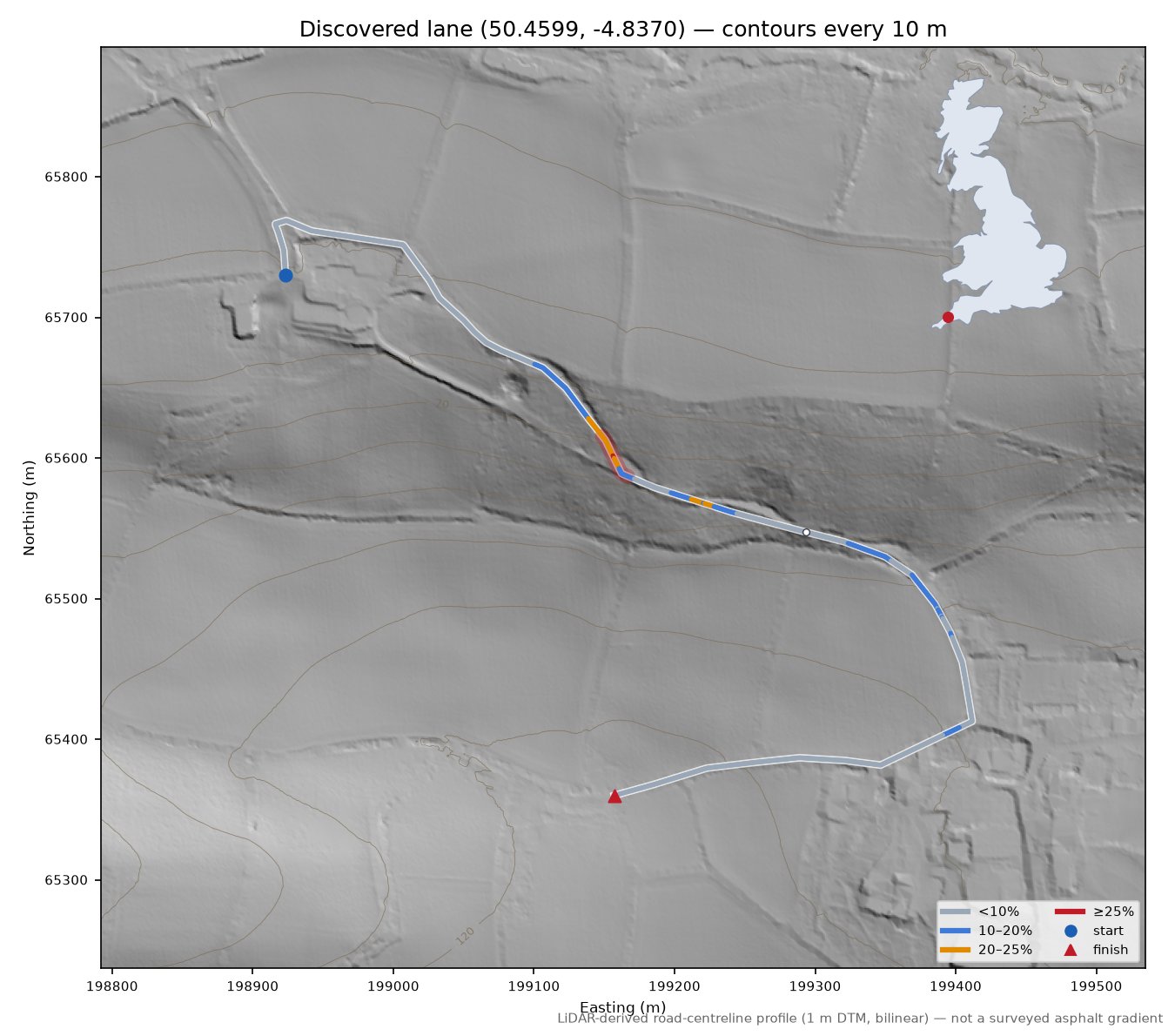 Discovered lane (50.4599, -4.8370) LiDAR hillshade map with contours