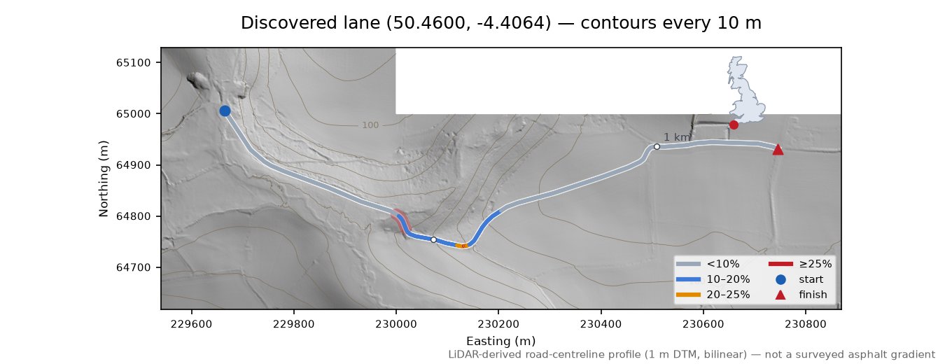 Discovered lane (50.4600, -4.4064) LiDAR hillshade map with contours
