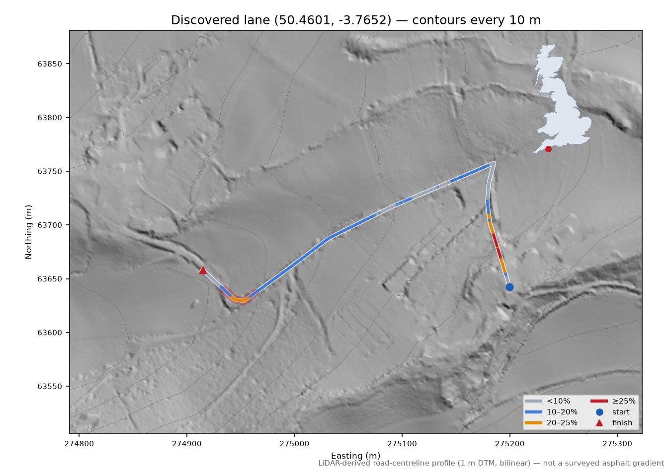 Discovered lane (50.4601, -3.7652) LiDAR hillshade map with contours