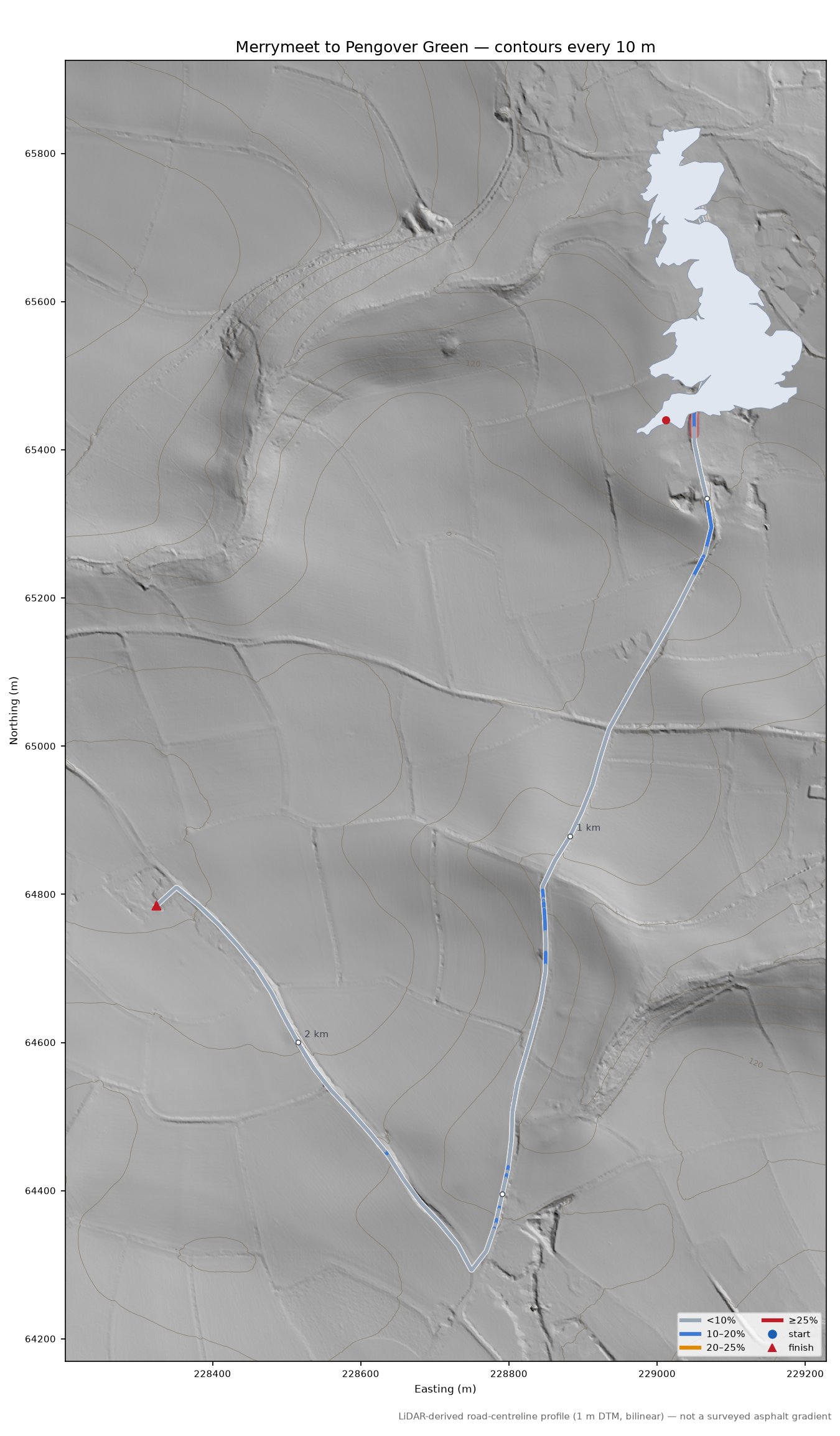 Merrymeet to Pengover Green LiDAR hillshade map with contours