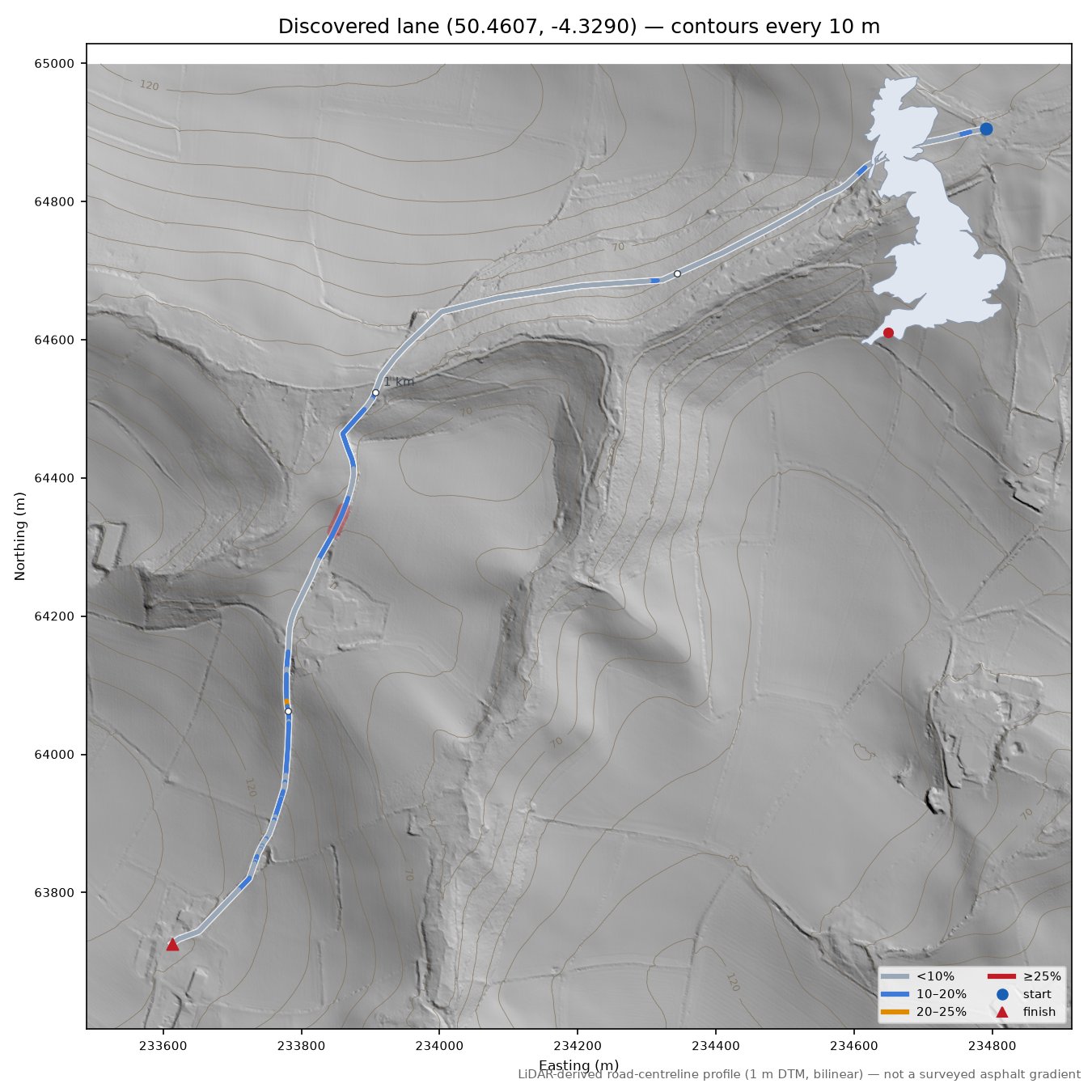 Discovered lane (50.4607, -4.3290) LiDAR hillshade map with contours