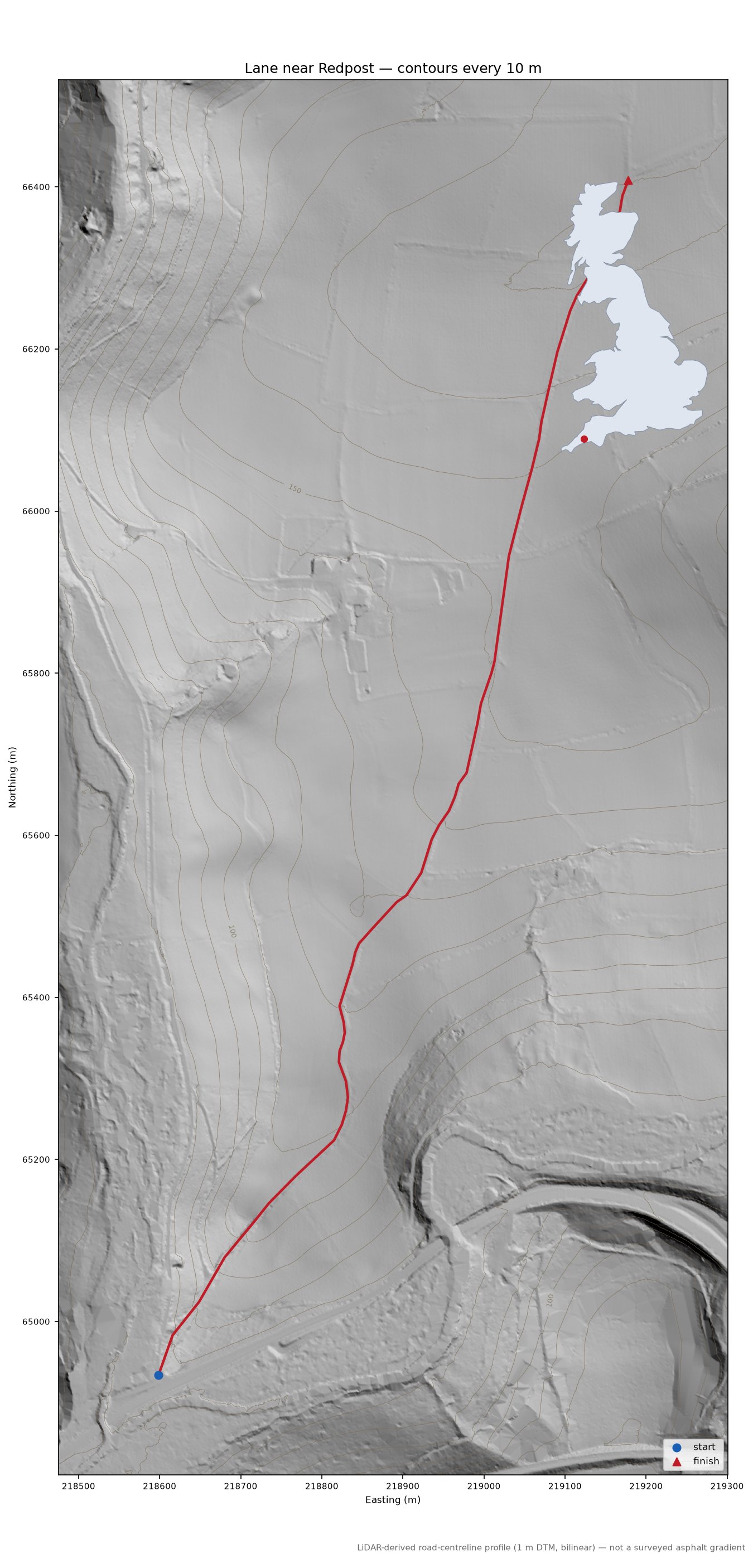 Lane near Redpost LiDAR hillshade map with contours