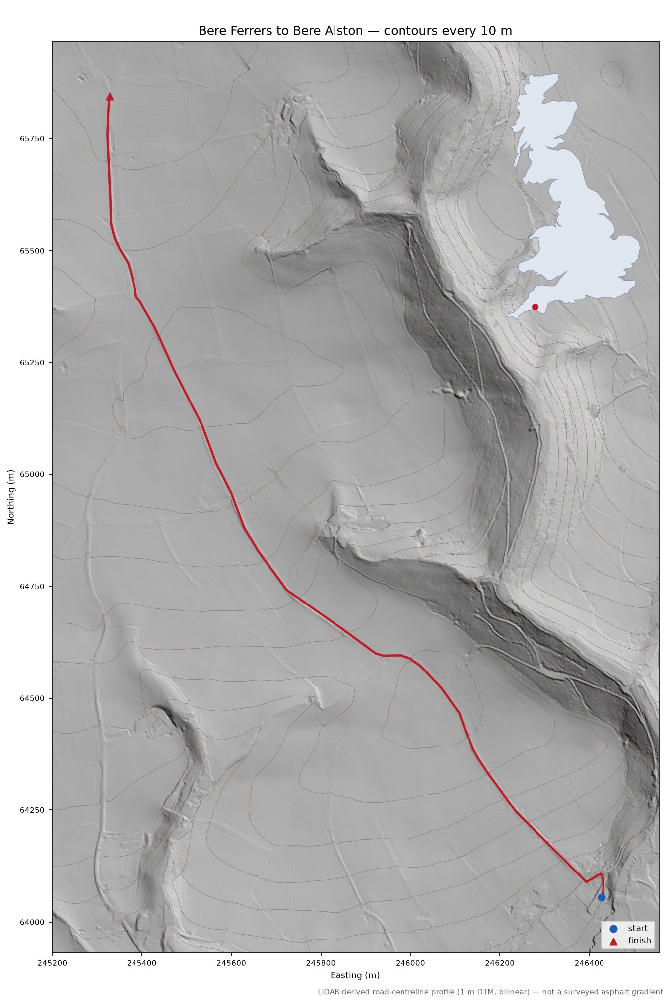 Bere Ferrers to Bere Alston LiDAR hillshade map with contours