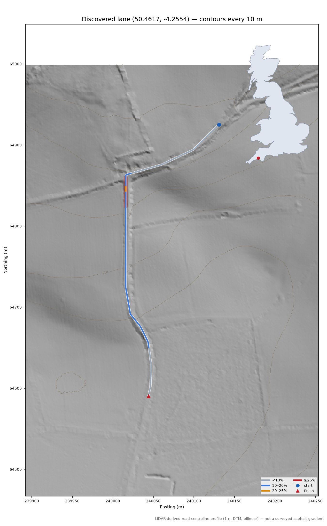 Discovered lane (50.4617, -4.2554) LiDAR hillshade map with contours