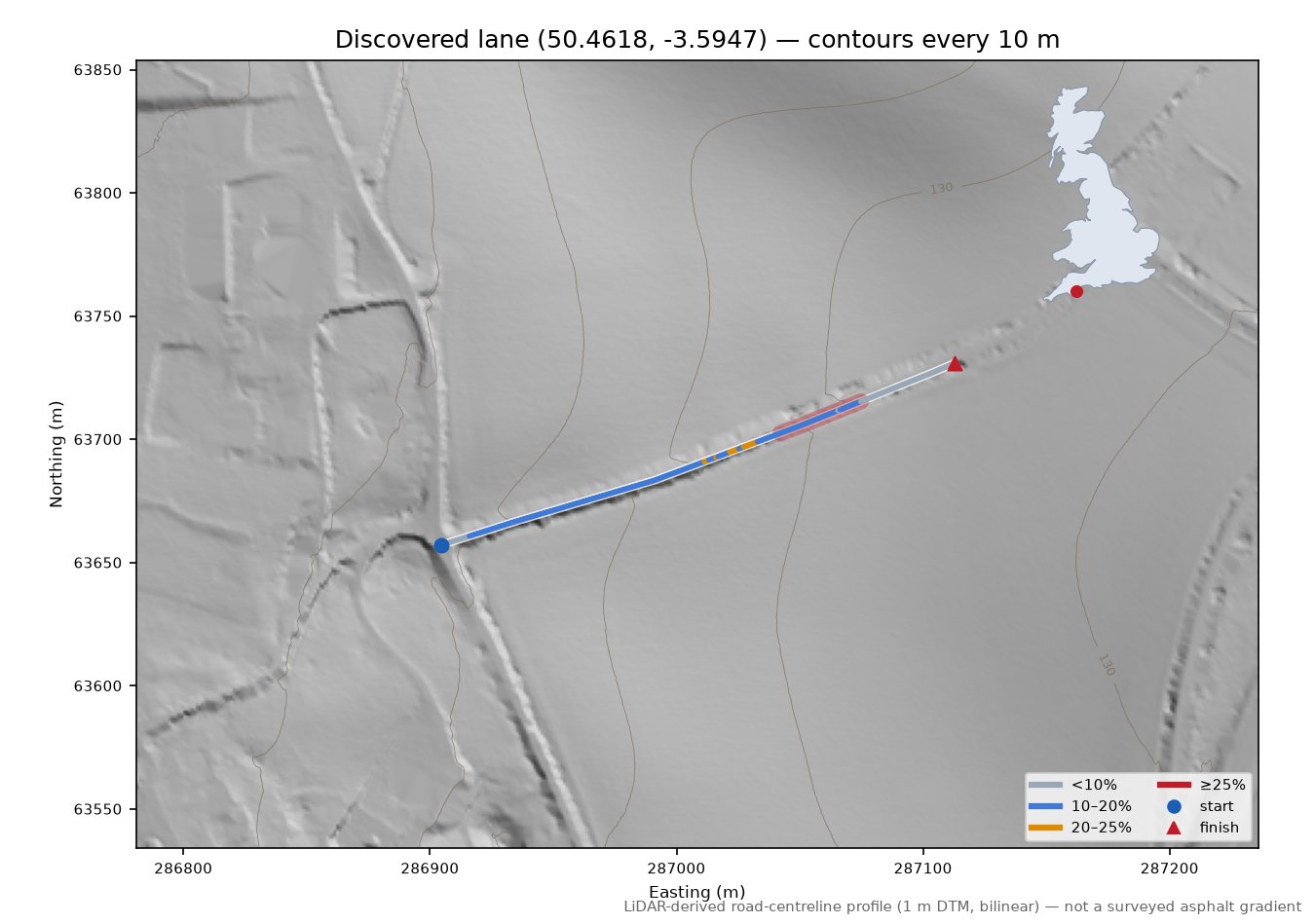 Discovered lane (50.4618, -3.5947) LiDAR hillshade map with contours