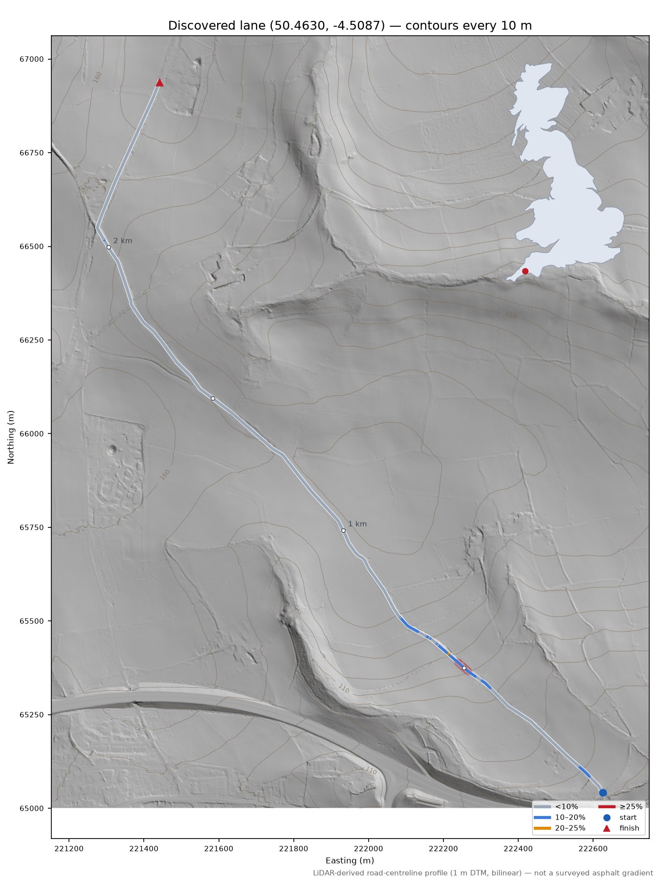 Discovered lane (50.4630, -4.5087) LiDAR hillshade map with contours