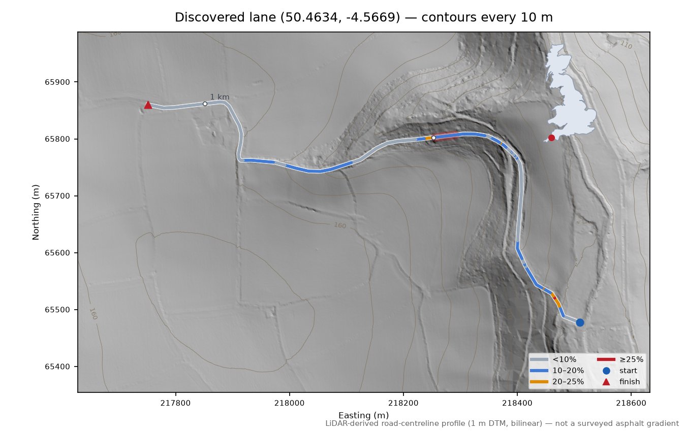 Discovered lane (50.4634, -4.5669) LiDAR hillshade map with contours