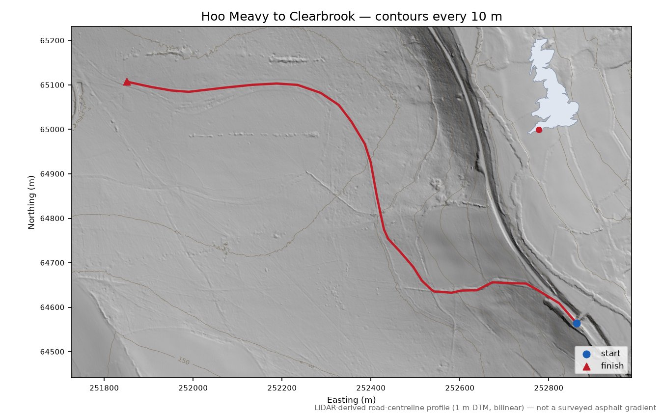 Hoo Meavy to Clearbrook LiDAR hillshade map with contours