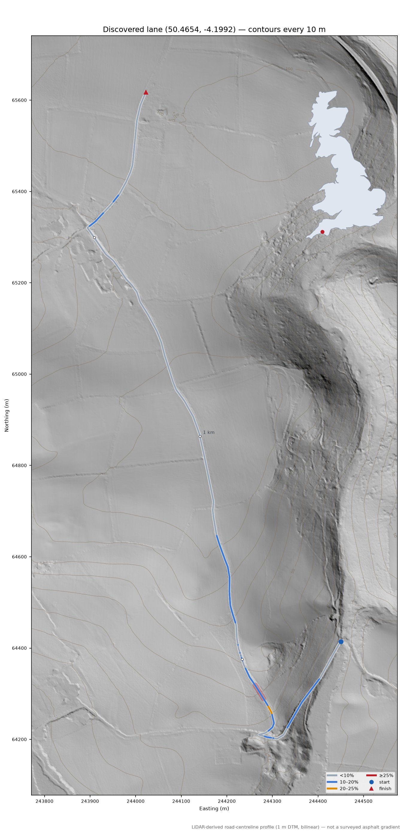 Discovered lane (50.4654, -4.1992) LiDAR hillshade map with contours