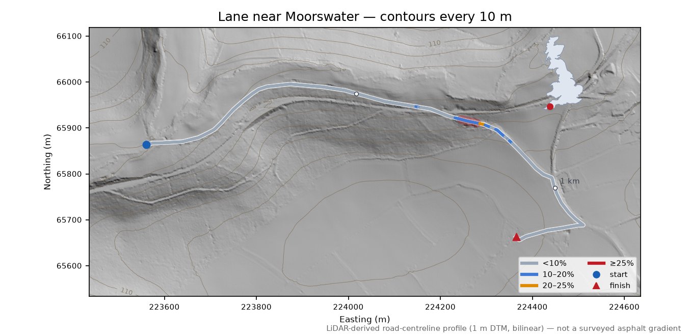 Lane near Moorswater LiDAR hillshade map with contours
