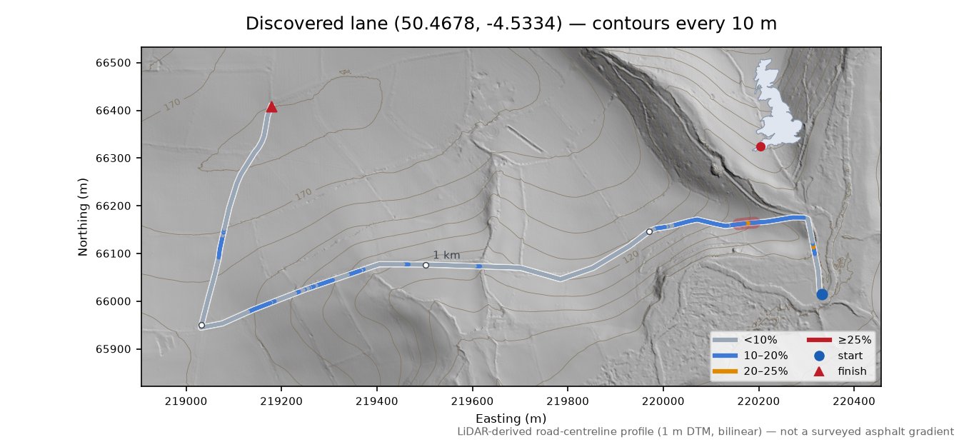 Discovered lane (50.4678, -4.5334) LiDAR hillshade map with contours