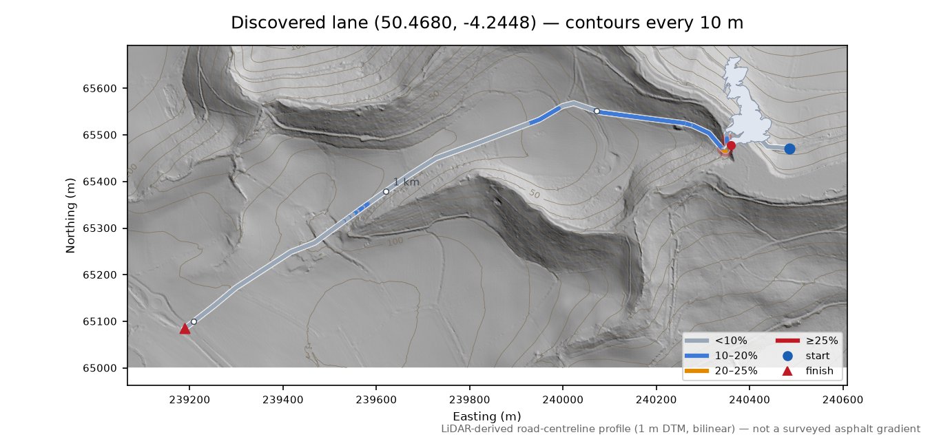 Discovered lane (50.4680, -4.2448) LiDAR hillshade map with contours