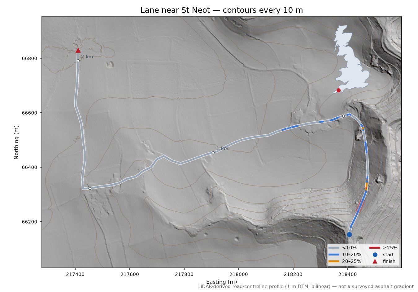 Lane near St Neot LiDAR hillshade map with contours