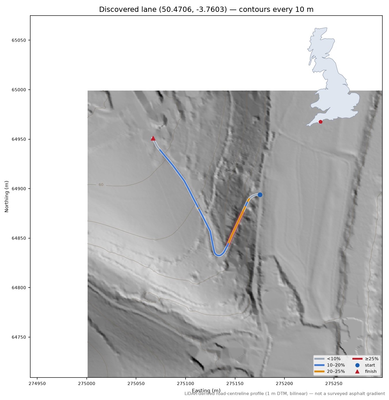 Discovered lane (50.4706, -3.7603) LiDAR hillshade map with contours