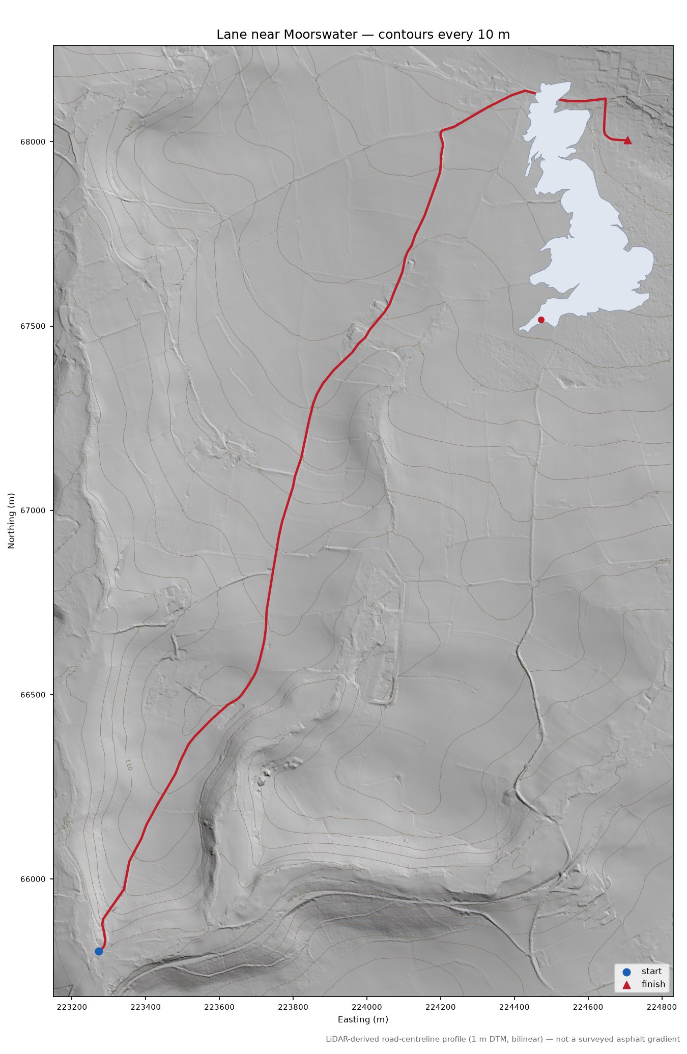 Lane near Moorswater LiDAR hillshade map with contours