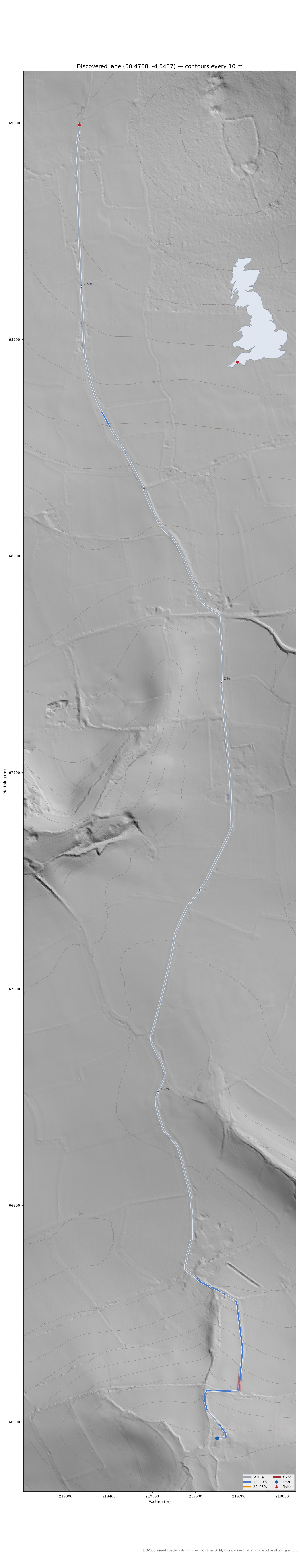 Discovered lane (50.4708, -4.5437) LiDAR hillshade map with contours