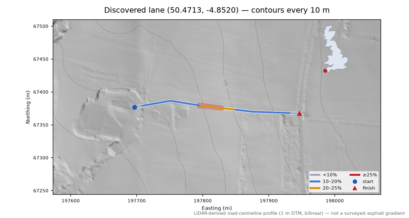 Discovered lane (50.4713, -4.8520) LiDAR hillshade map with contours