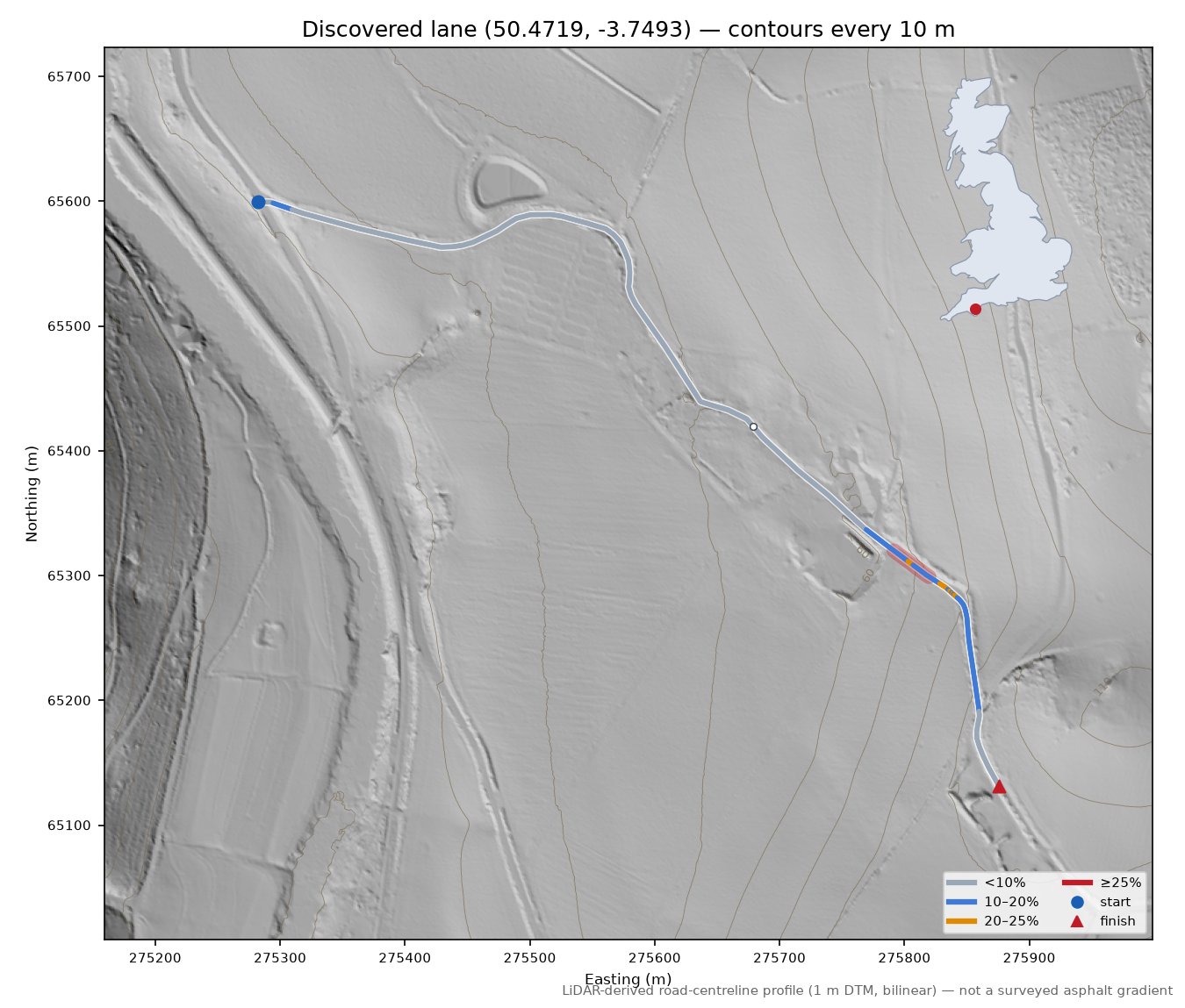 Discovered lane (50.4719, -3.7493) LiDAR hillshade map with contours