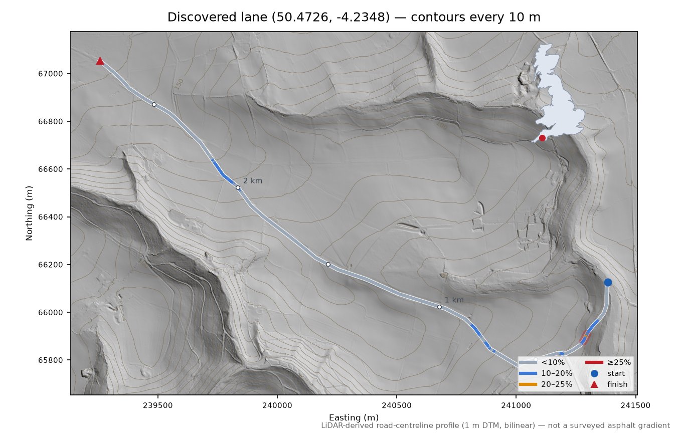 Discovered lane (50.4726, -4.2348) LiDAR hillshade map with contours