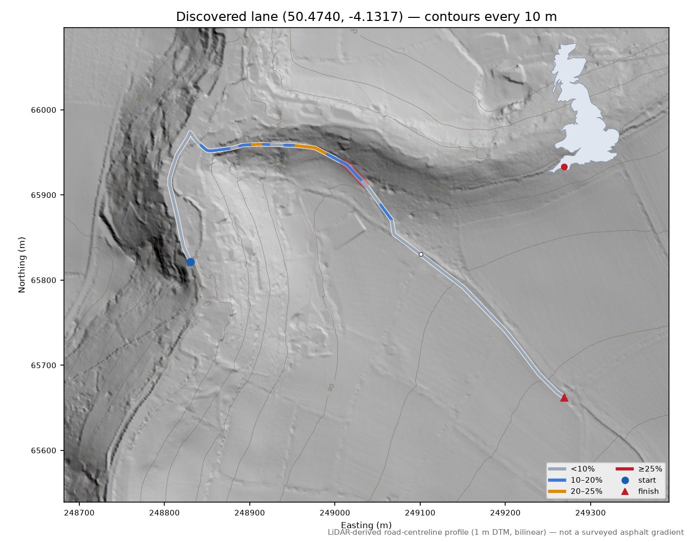 Discovered lane (50.4740, -4.1317) LiDAR hillshade map with contours