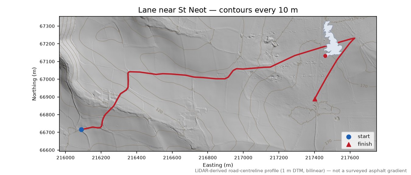 Lane near St Neot LiDAR hillshade map with contours
