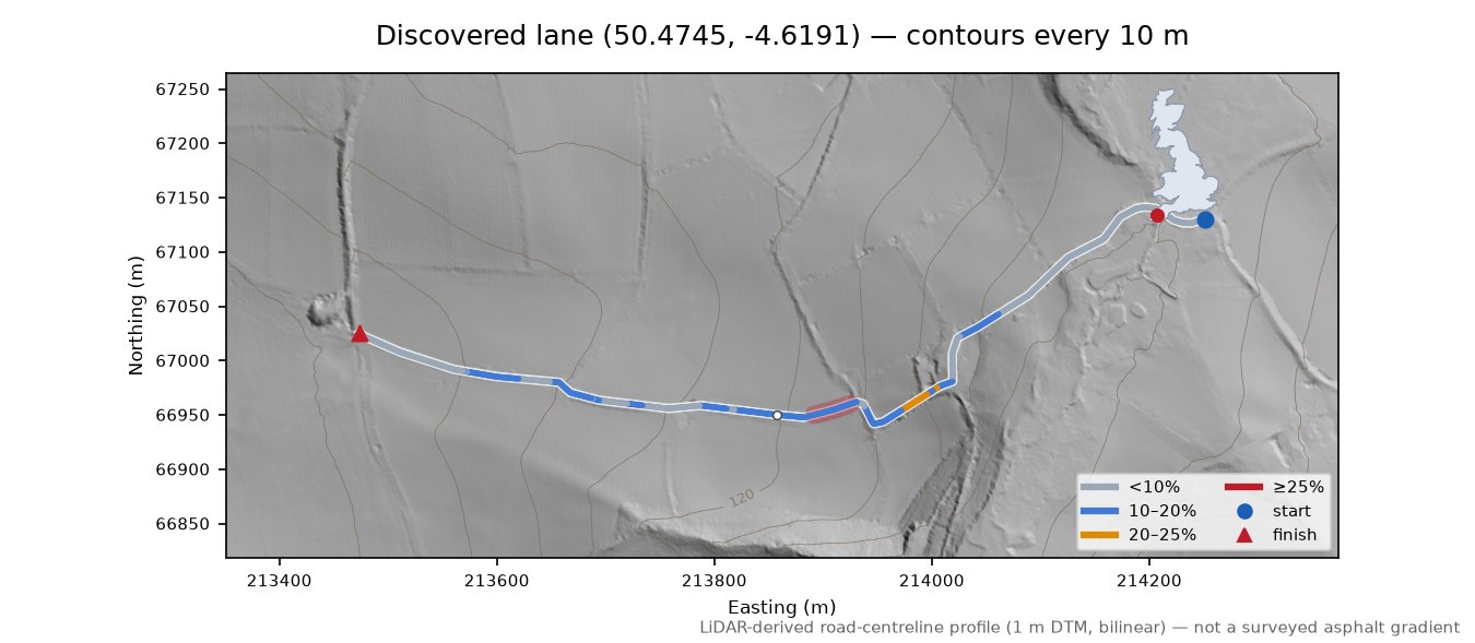 Discovered lane (50.4745, -4.6191) LiDAR hillshade map with contours