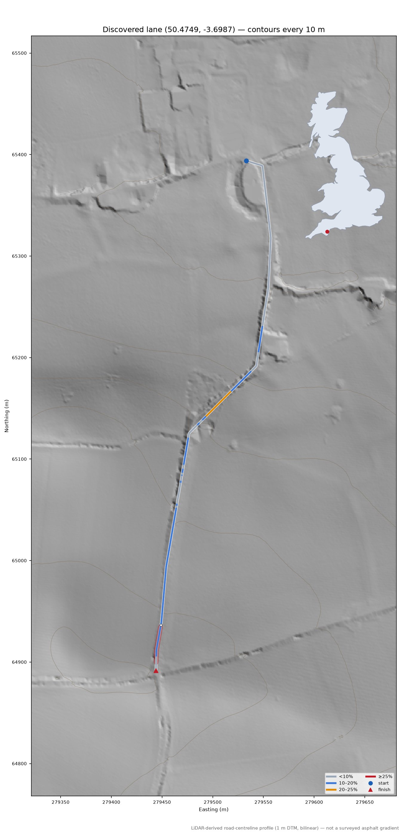Discovered lane (50.4749, -3.6987) LiDAR hillshade map with contours