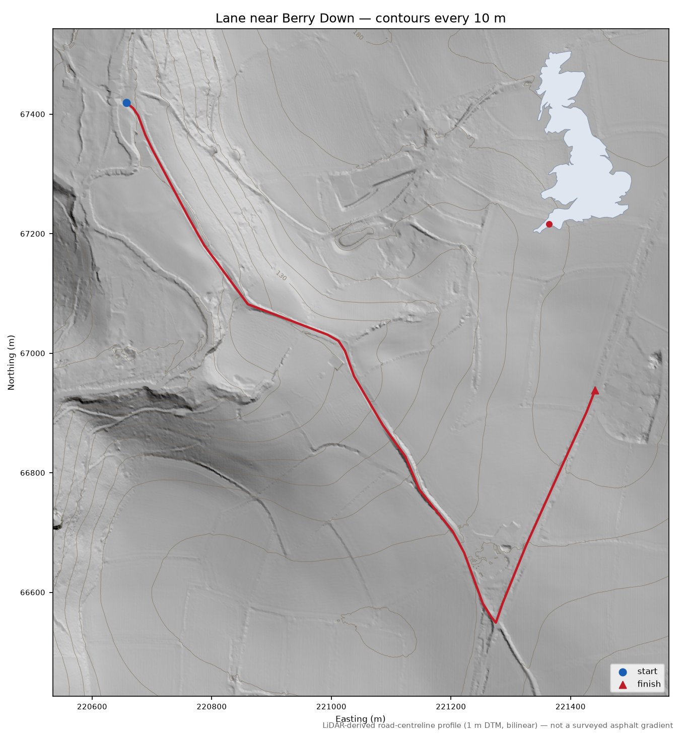 Lane near Berry Down LiDAR hillshade map with contours