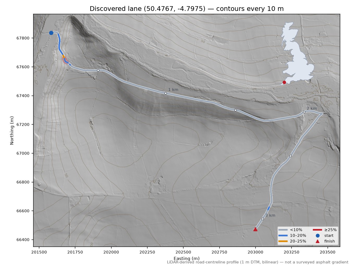 Discovered lane (50.4767, -4.7975) LiDAR hillshade map with contours