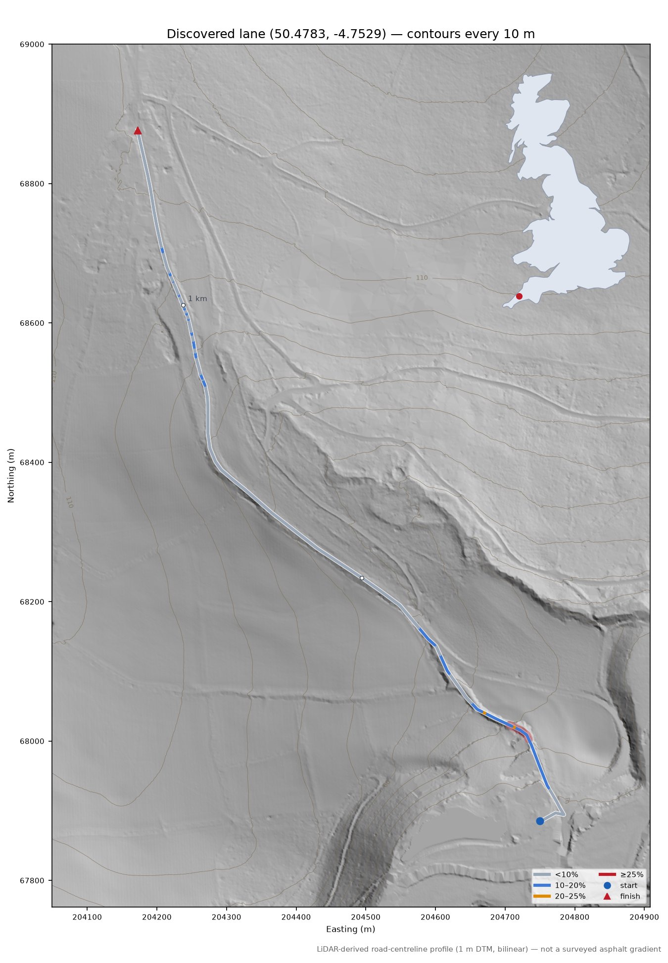 Discovered lane (50.4783, -4.7529) LiDAR hillshade map with contours