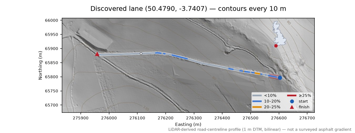 Discovered lane (50.4790, -3.7407) LiDAR hillshade map with contours