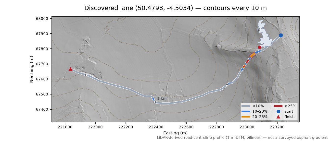 Discovered lane (50.4798, -4.5034) LiDAR hillshade map with contours