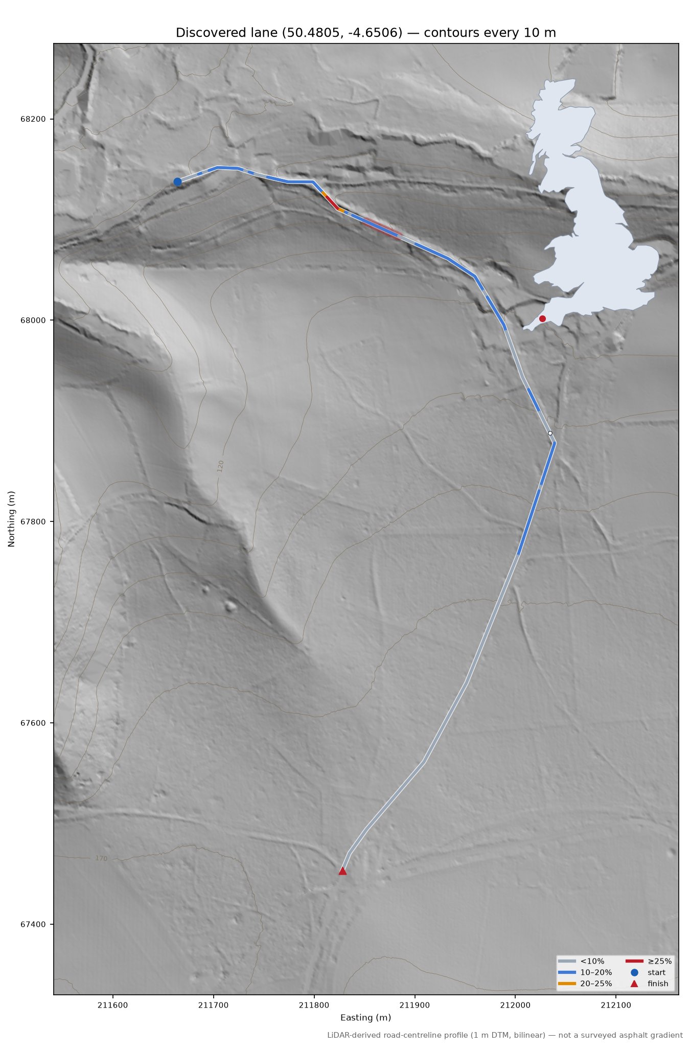 Discovered lane (50.4805, -4.6506) LiDAR hillshade map with contours