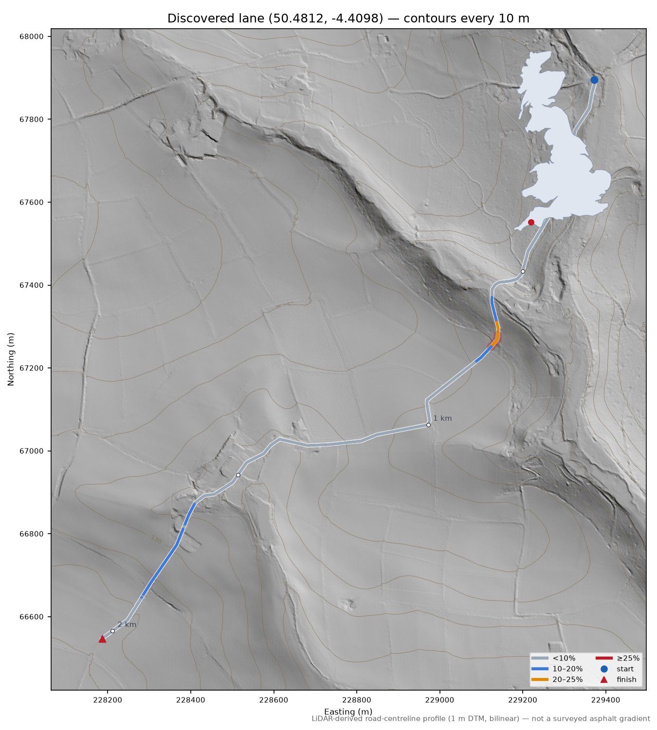 Discovered lane (50.4812, -4.4098) LiDAR hillshade map with contours