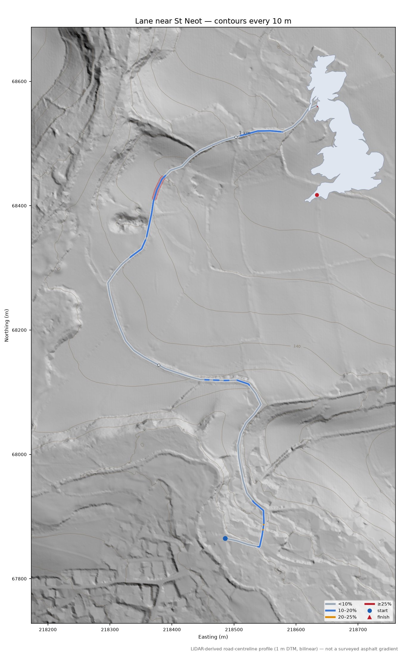 Lane near St Neot LiDAR hillshade map with contours