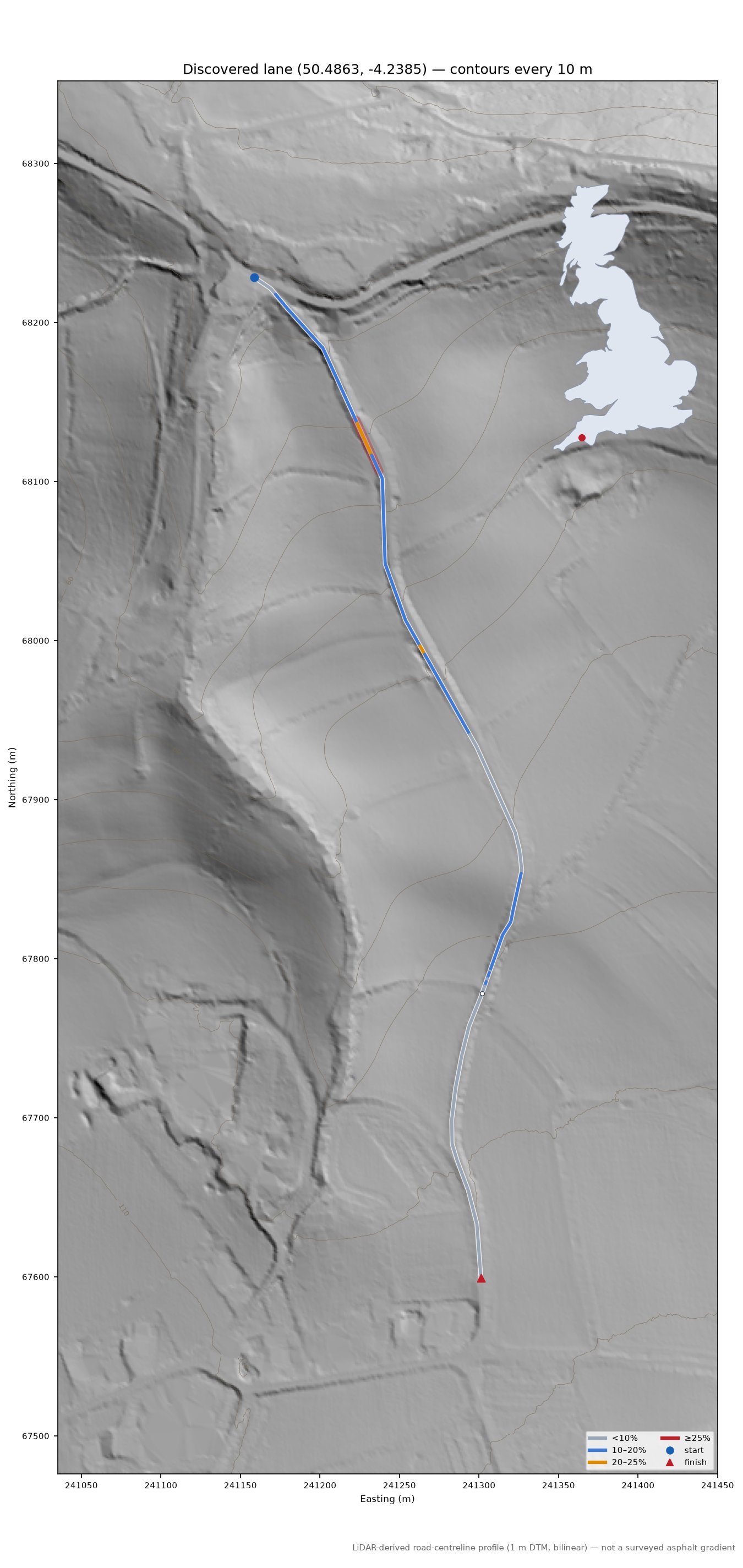 Discovered lane (50.4863, -4.2385) LiDAR hillshade map with contours