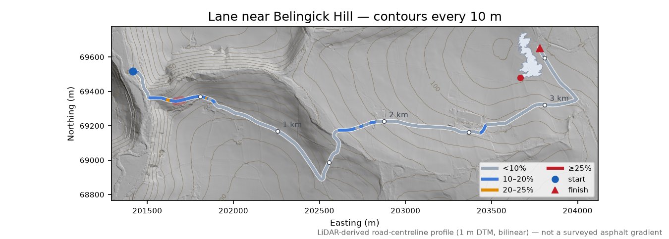 Lane near Belingick Hill LiDAR hillshade map with contours