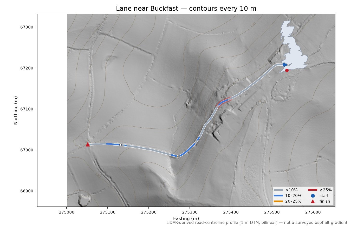 Lane near Buckfast LiDAR hillshade map with contours