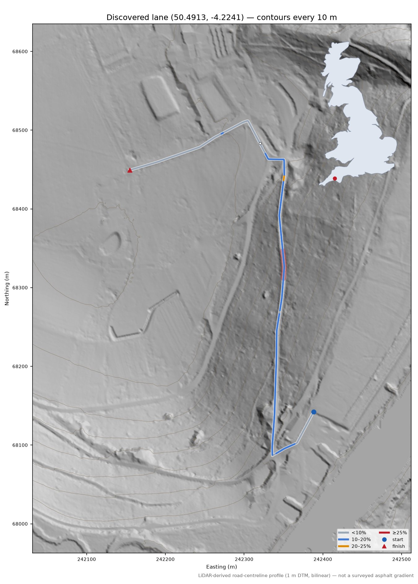 Discovered lane (50.4913, -4.2241) LiDAR hillshade map with contours