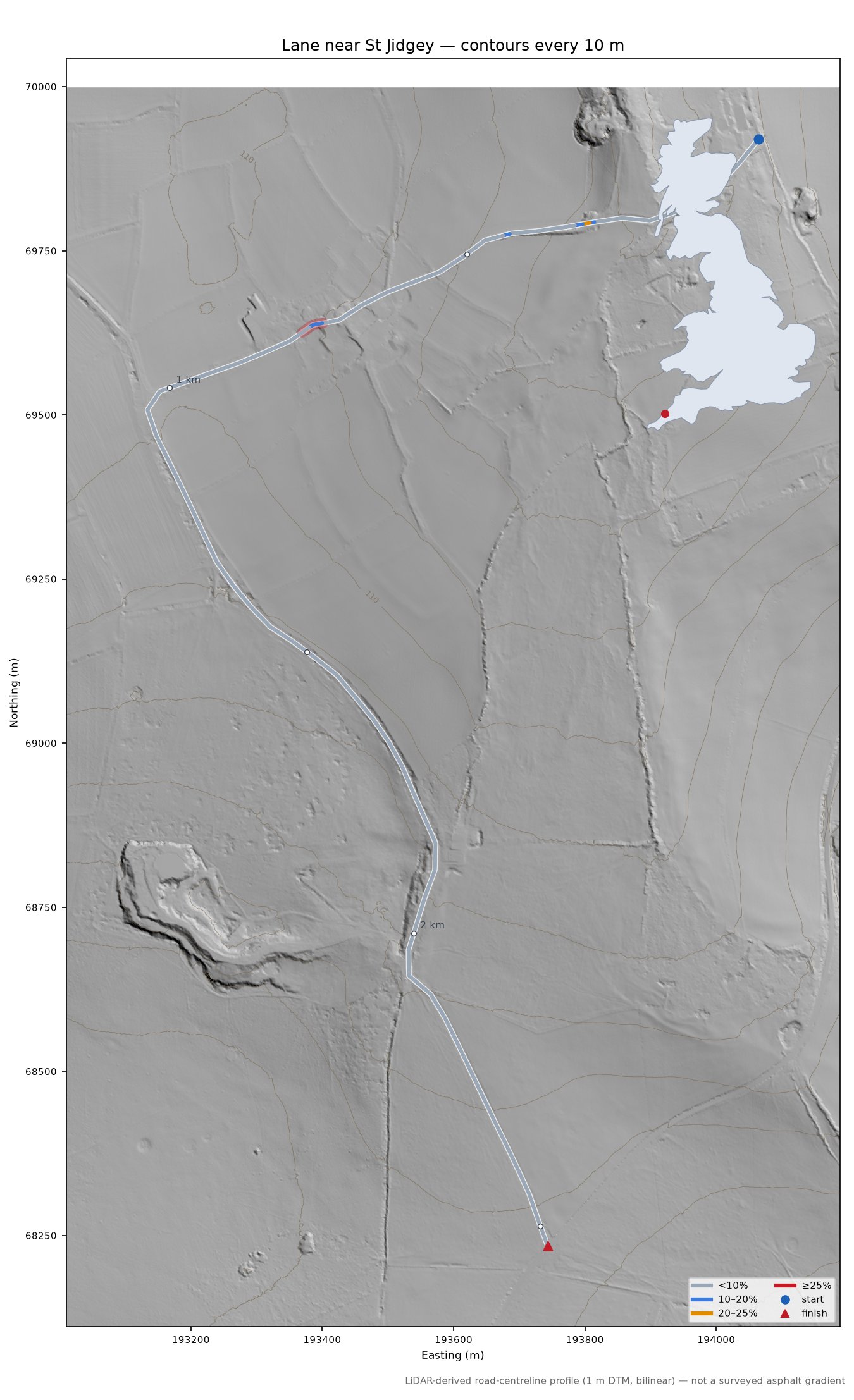 Lane near St Jidgey LiDAR hillshade map with contours