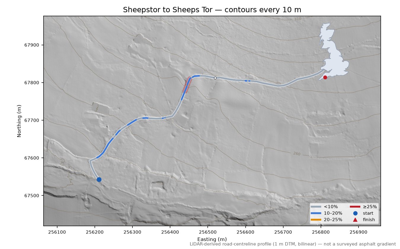 Sheepstor to Sheeps Tor LiDAR hillshade map with contours