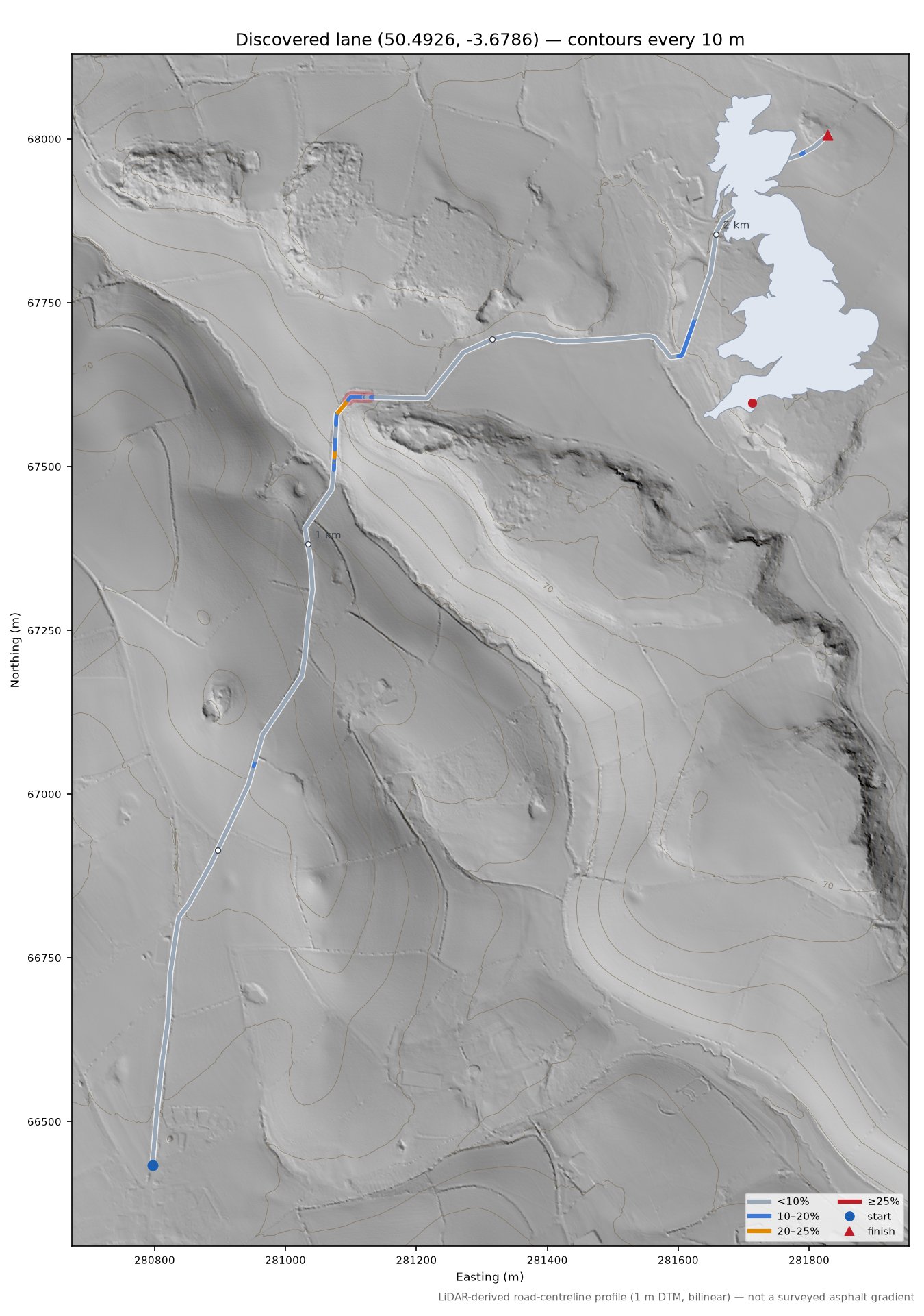 Discovered lane (50.4926, -3.6786) LiDAR hillshade map with contours