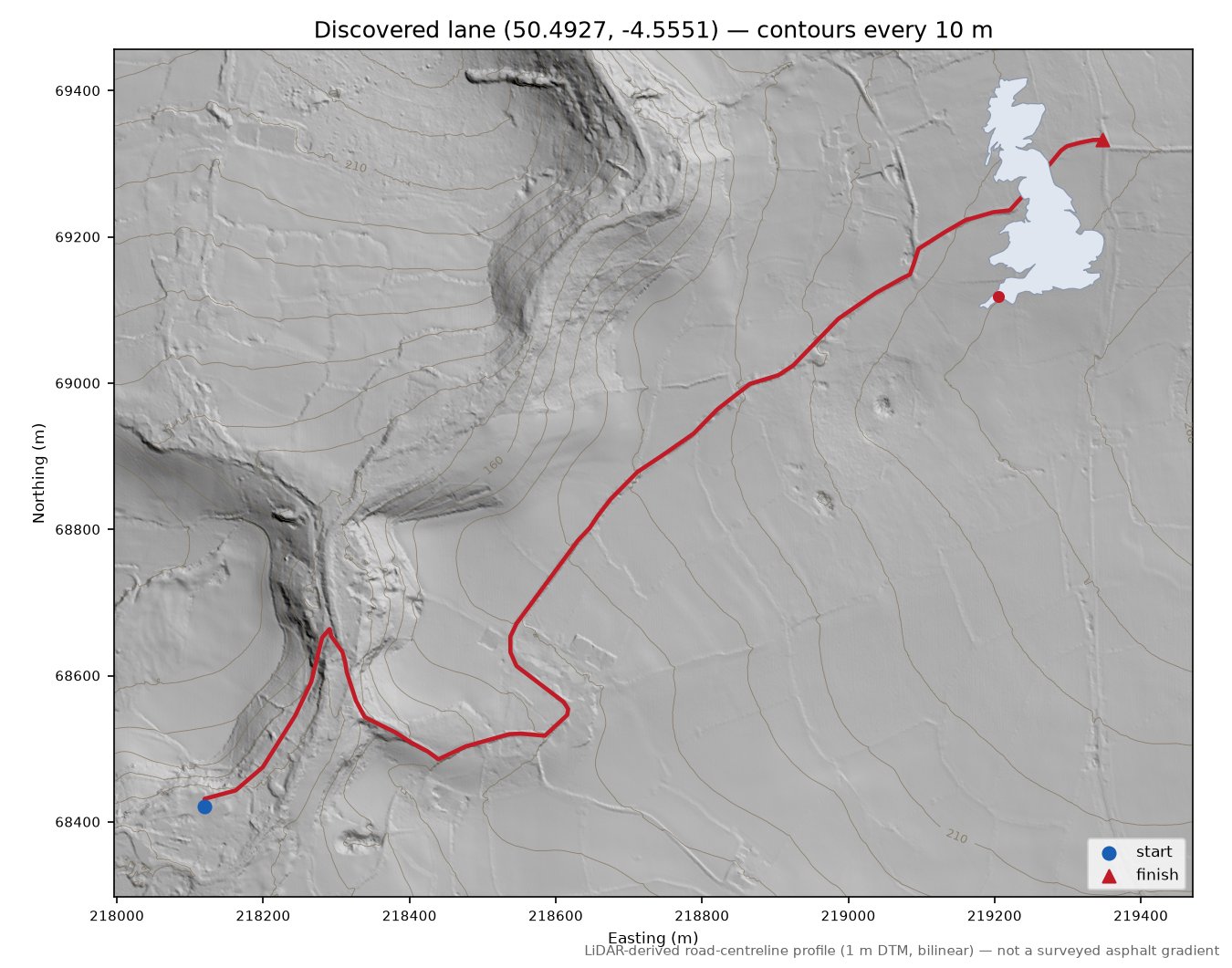Discovered lane (50.4927, -4.5551) LiDAR hillshade map with contours